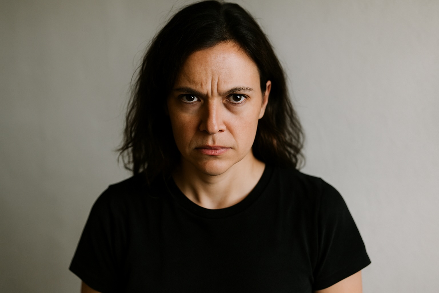 Mujer con expresión seria y mirada directa frente a una pared clara, usando camiseta negra