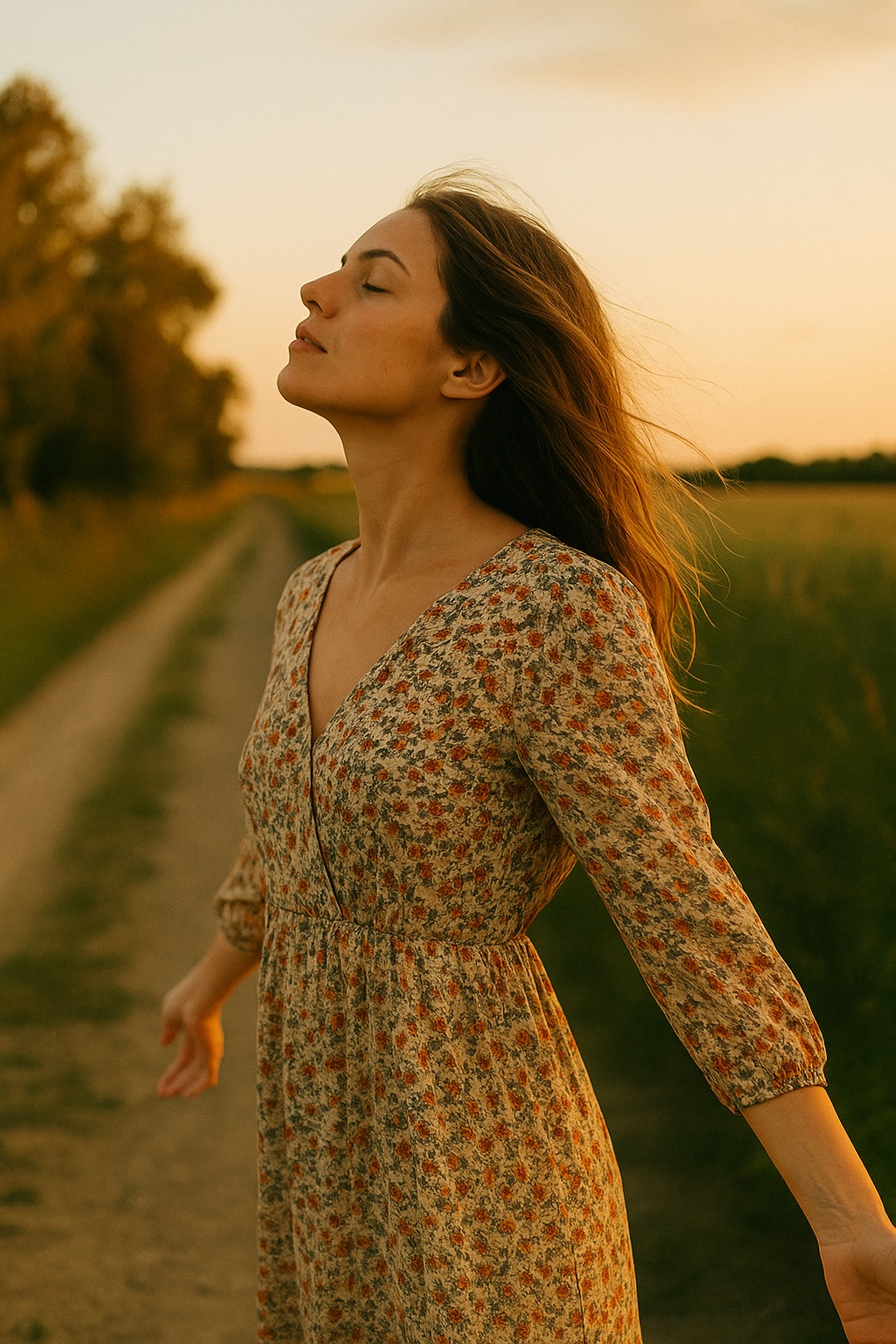 Mujer de pie en el campo al atardecer, con los brazos abiertos y el rostro elevado, simbolizando liberación y comienzo de una nueva etapa.