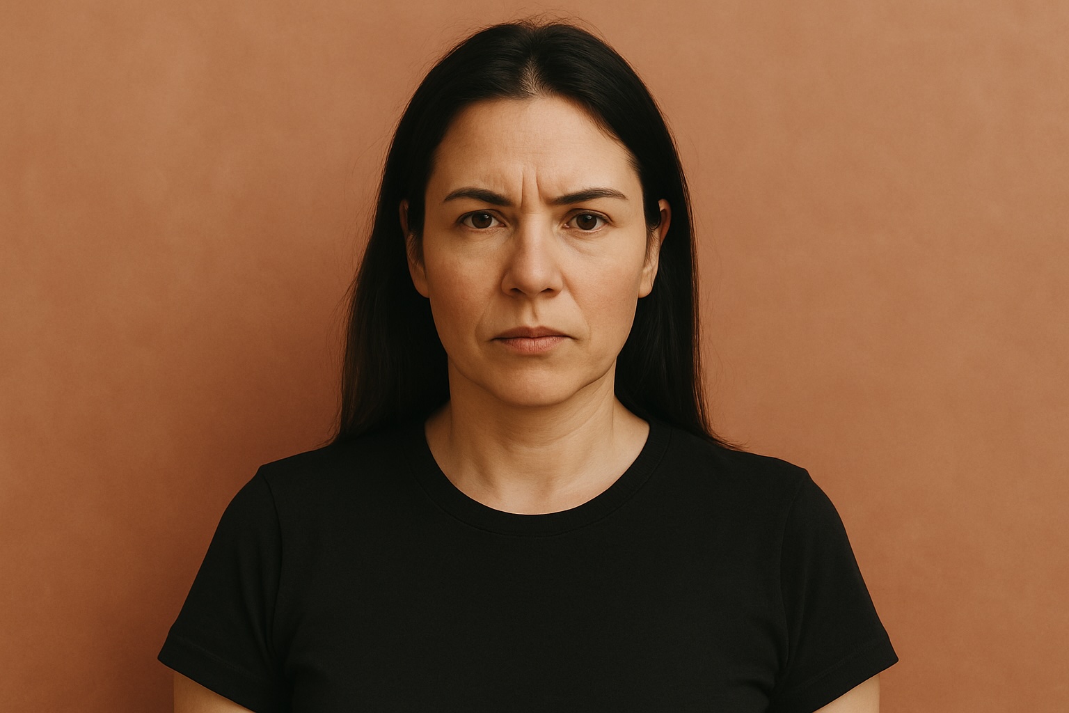 Mujer de mediana edad con expresión seria y decidida frente a un fondo terracota, mirando fijamente a cámara