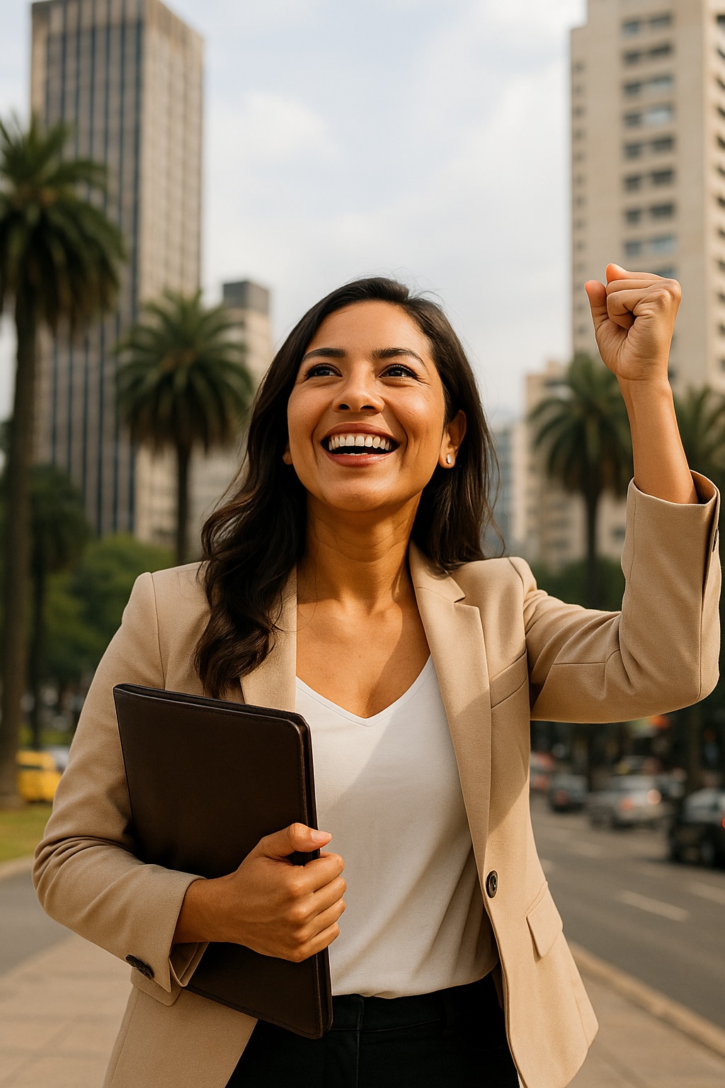 Joven latina sonriente de pie con la ciudad de fondo, transmitiendo confianza y orgullo por lo construido.
