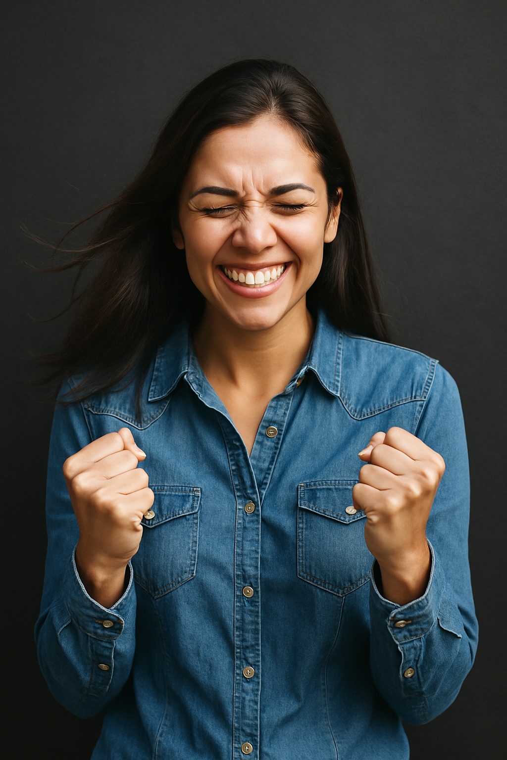Mujer con ojos cerrados y puños suavemente cerrados cerca del pecho, sonriendo con alivio, en un fondo oscuro que contrasta con su expresión de triunfo.