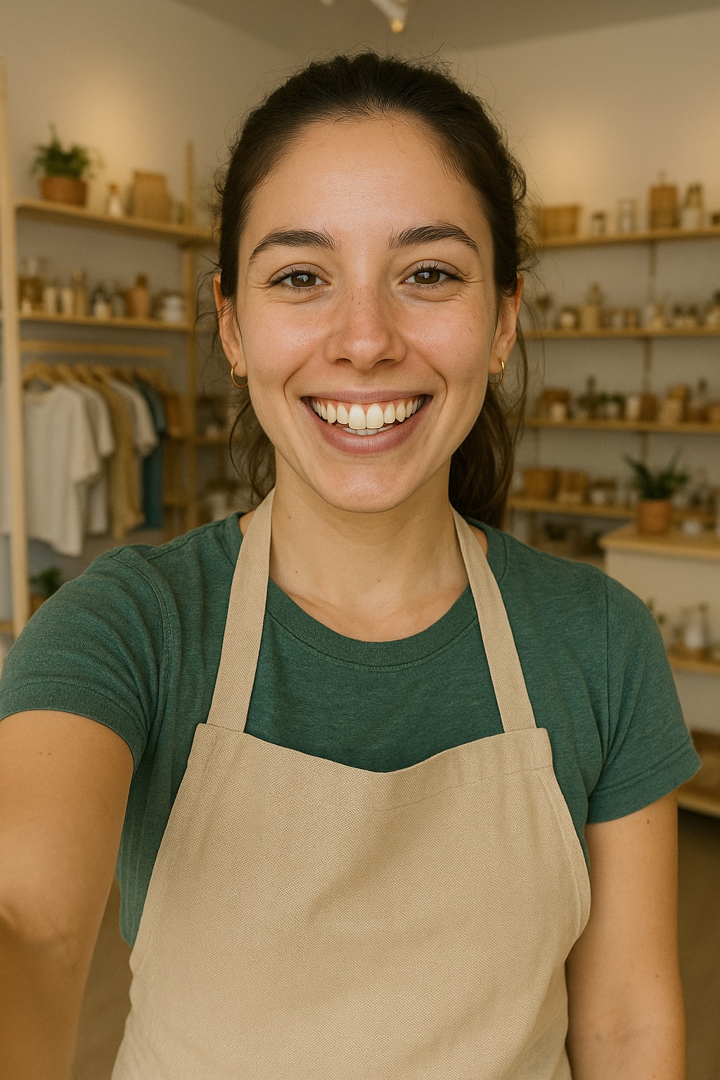 Mujer latina sonriente en su tienda o estudio, rodeada de productos y materiales de trabajo, en actitud confiada y satisfecha.