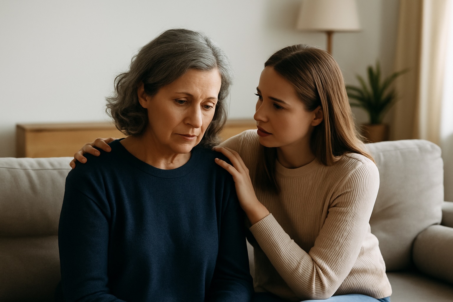 Dos mujeres sentadas juntas en un sofá, una de ellas escuchando con atención mientras la otra habla con emoción y confianza