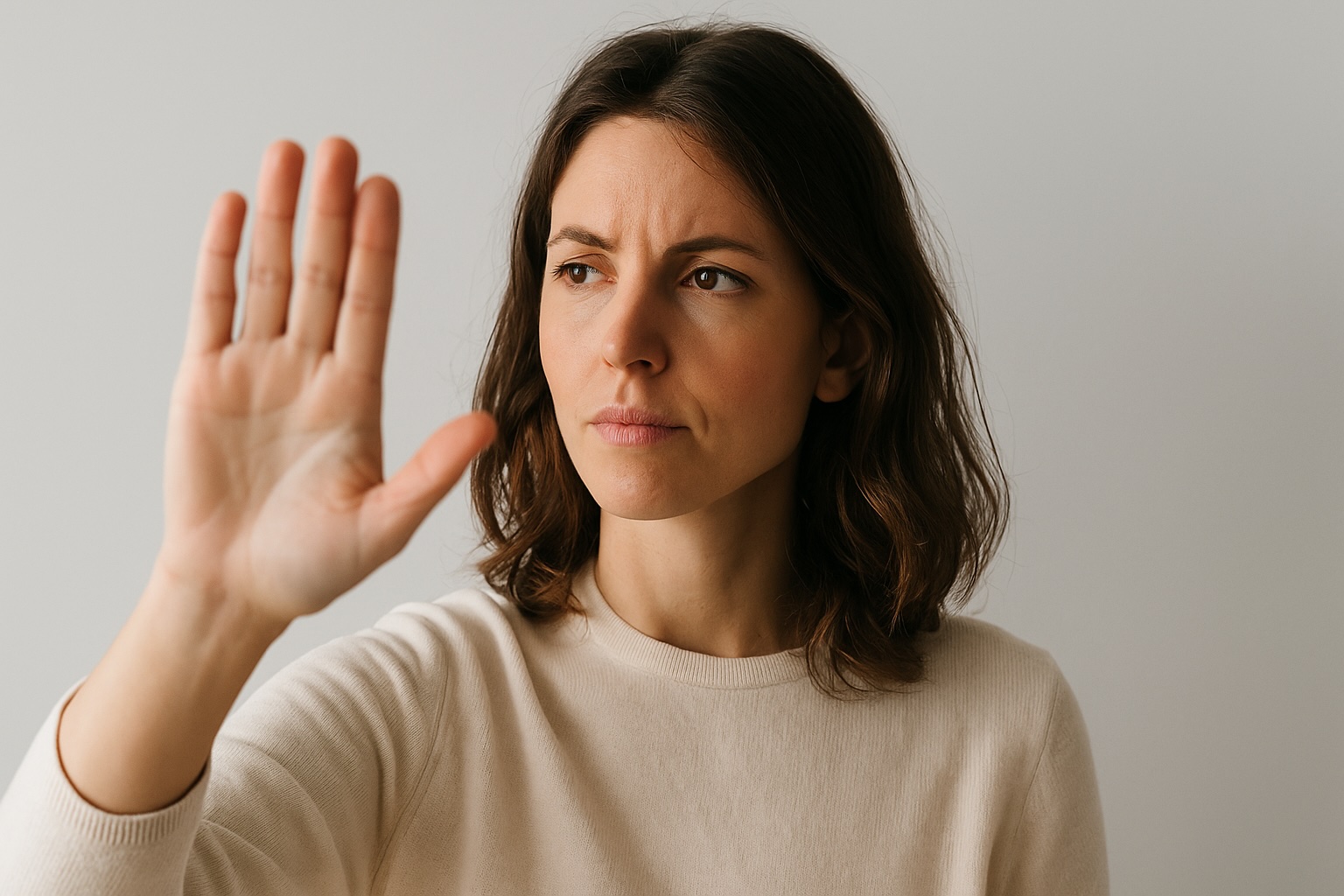 Mujer joven de pie, con gesto firme y mirada determinada, alzando ligeramente la mano en señal de límite, frente a un fondo natural iluminado suavemente.