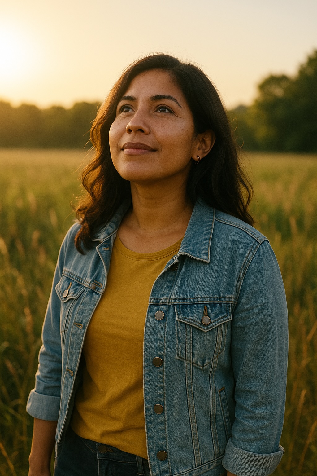 Retrato de una mujer latinoamericana en un campo al atardecer, con expresión serena y mirada hacia arriba, transmitiendo determinación y esperanza.