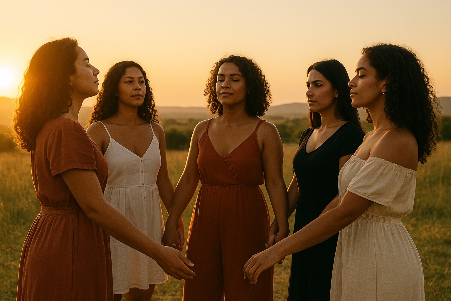 Cinco mujeres de pie en un campo al atardecer, tomadas de la mano en un círculo, transmitiendo serenidad, unión y empoderamiento.