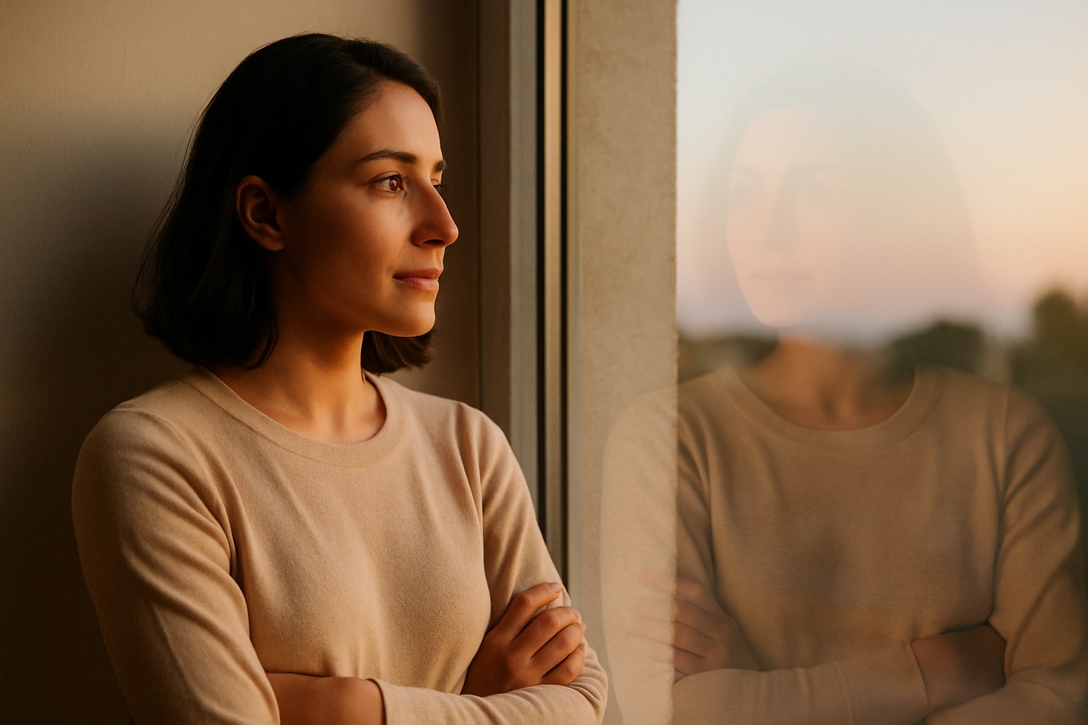Mujer de cabello oscuro mirando su reflejo en una ventana iluminada por la luz del amanecer, con expresión tranquila y segura de sí misma