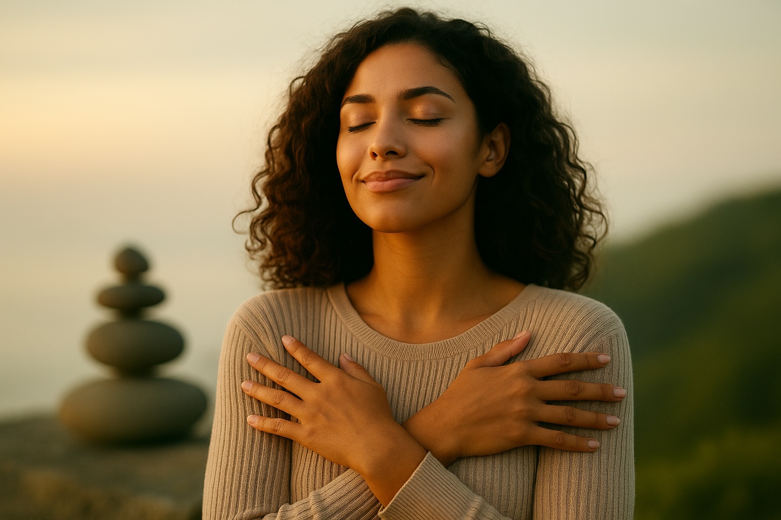 Mujer latina con expresión serena y confiada, abrazándose a sí misma al atardecer.