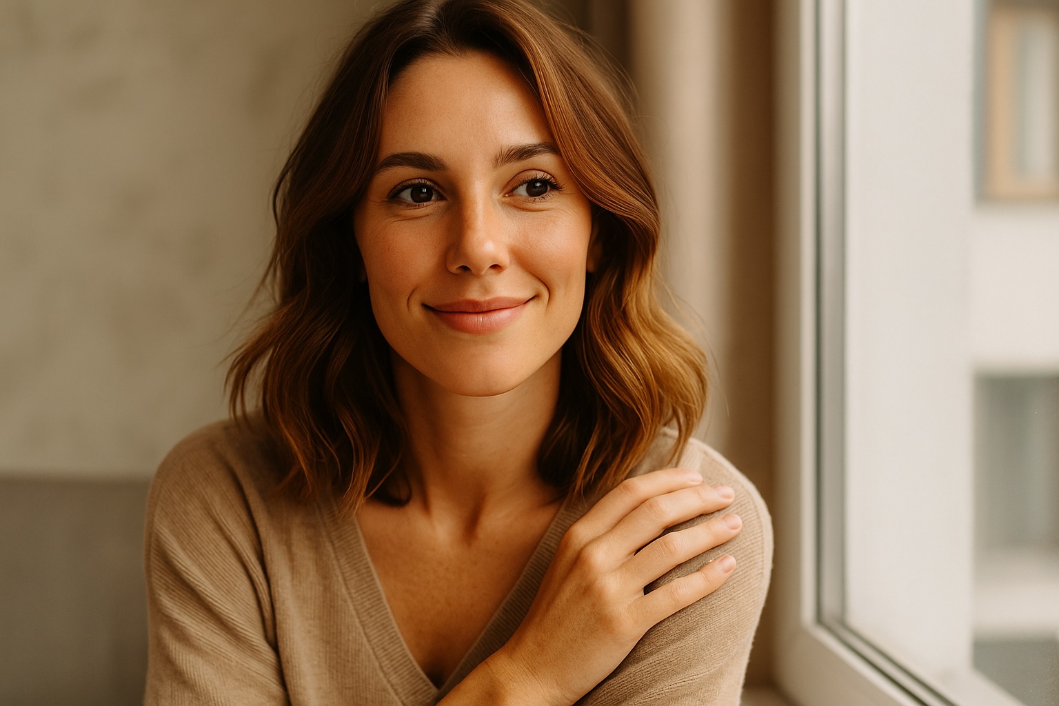 Mujer joven sentada junto a una ventana, mirando hacia el exterior con expresión reflexiva, bañada por una luz cálida y suave de la tarde.