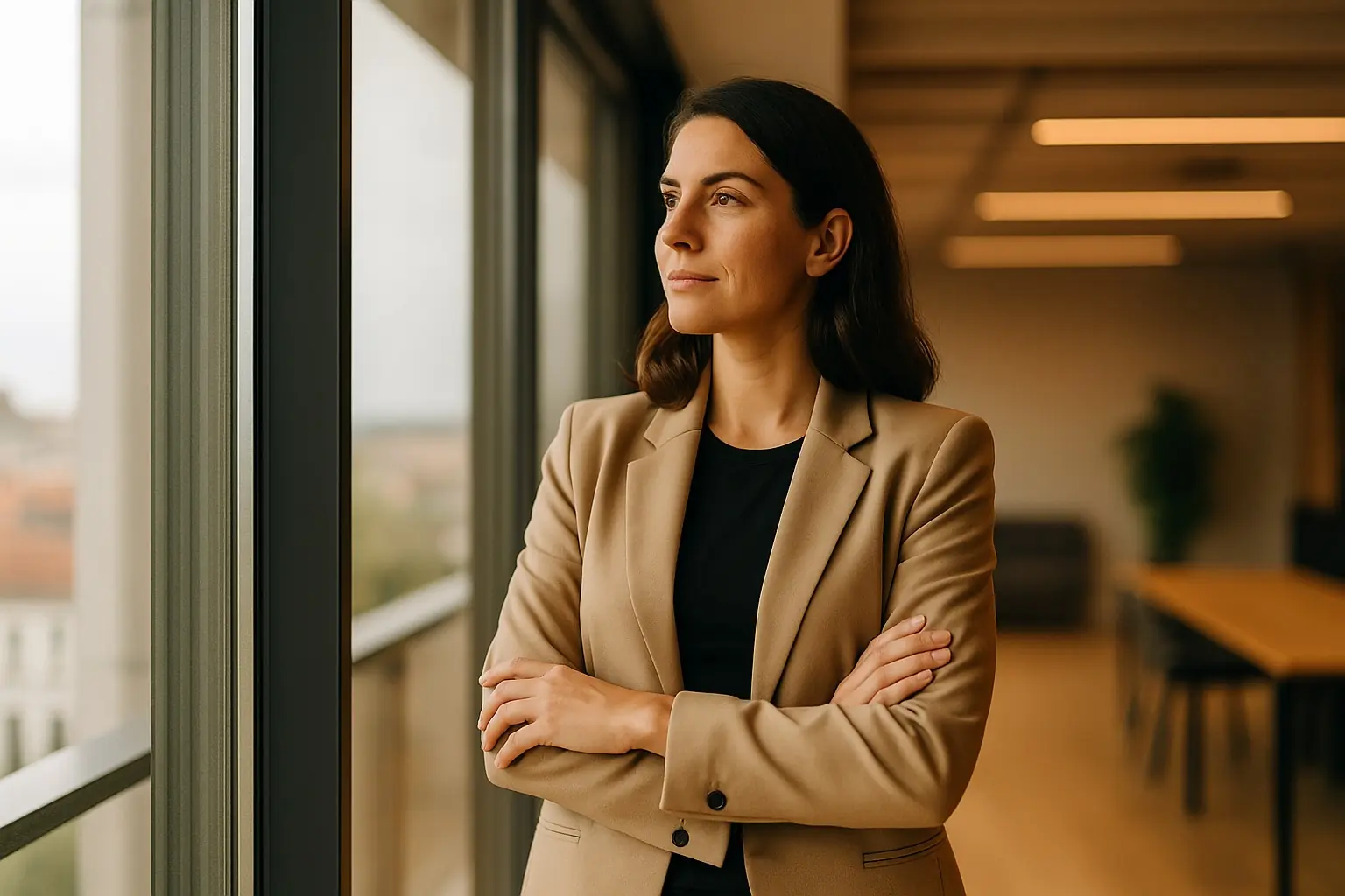 Mujer profesional mirando por una ventana con expresión segura y serena, en un ambiente moderno iluminado por luz natural