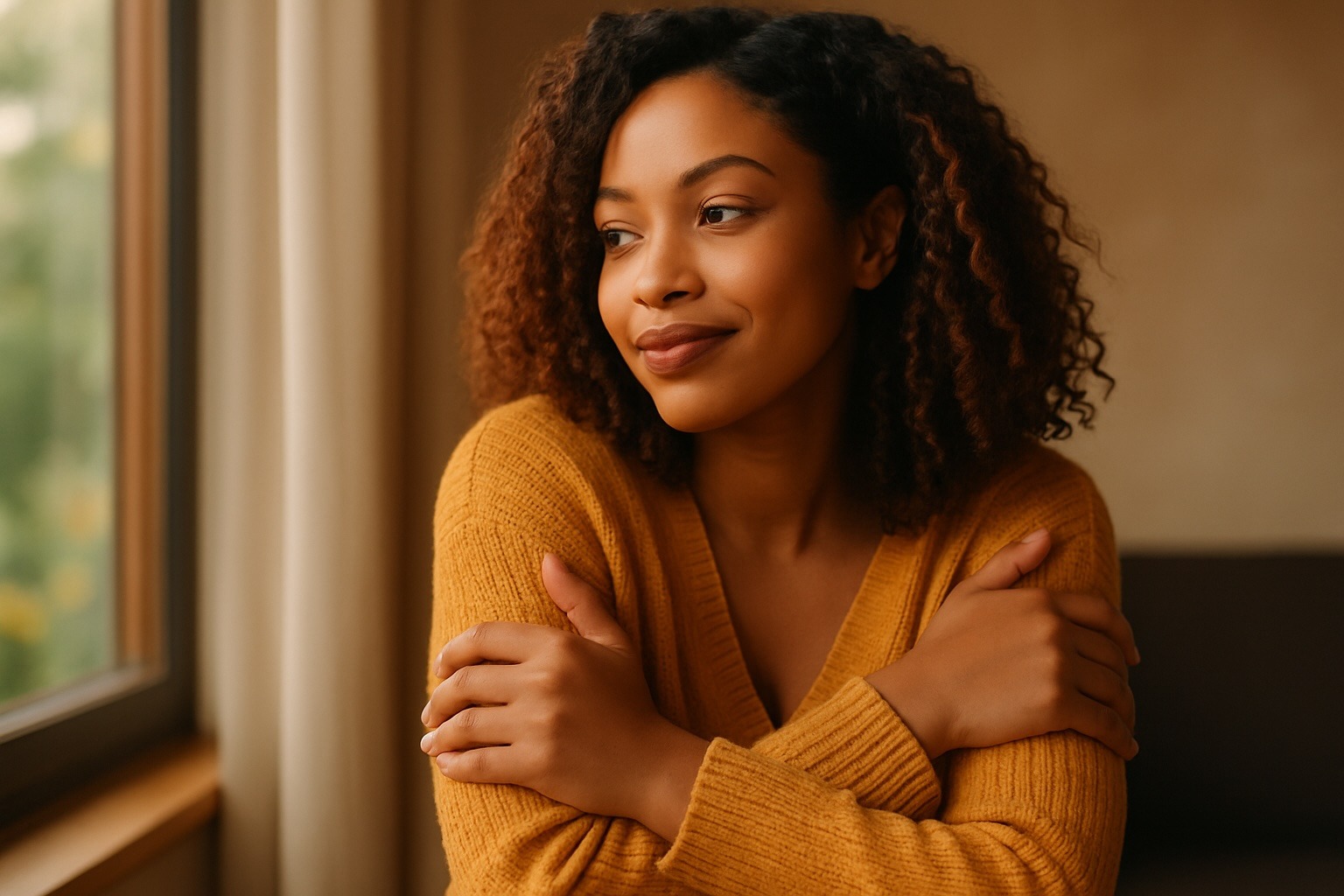 Mujer afrodescendiente de unos 30 años frente a un espejo, mirándose con calma y expresión serena bajo una luz natural cálida