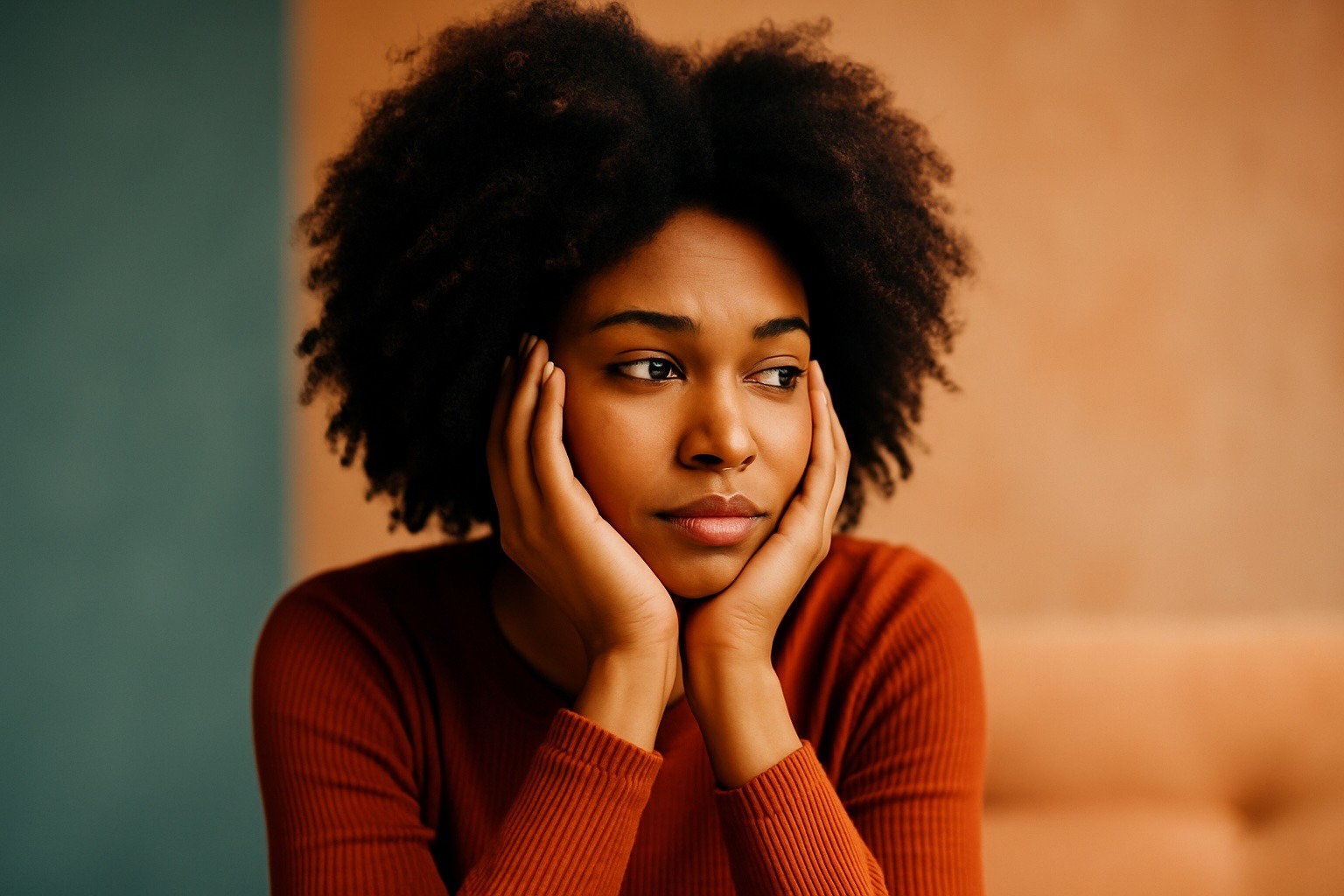 Mujer afrodescendiente joven mirando por una ventana con expresión tranquila y reflexiva, iluminada por luz natural cálida en un entorno moderno y colorido