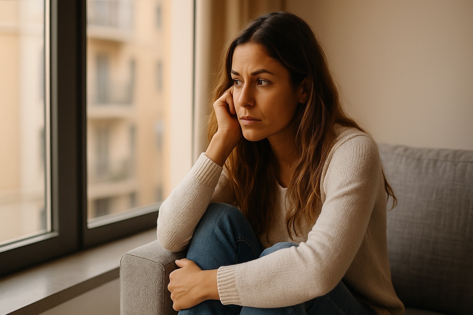 Mujer joven con cabello largo y ondulado mirando hacia el horizonte desde un balcón al amanecer, con expresión tranquila y esperanzada
